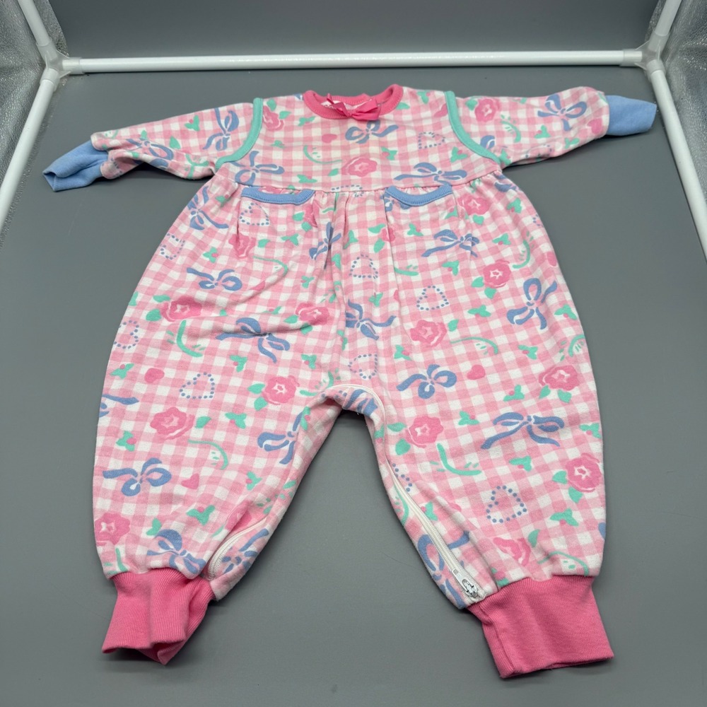 Vintage Carters Baby Girl 6 Months Pink Gingham Floral Bow One Piece Made in USA
